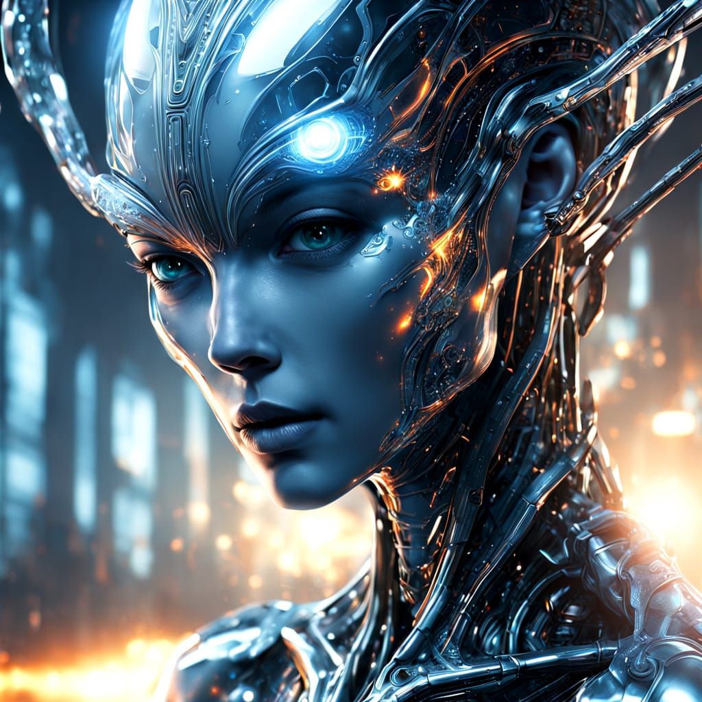 Transparent Cyborg Alien with Fiery Head on Ice