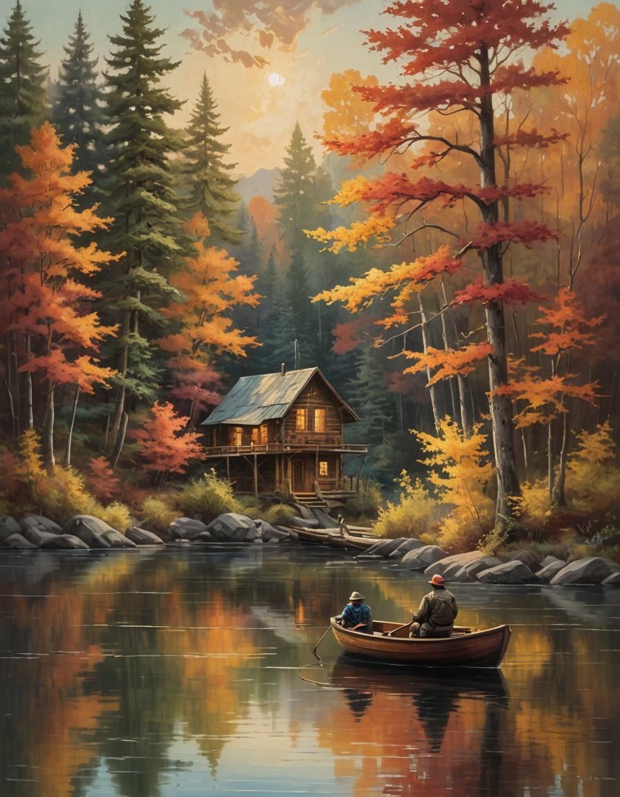 Fisherman on Serene Lake: Hudson River School Oil Painting