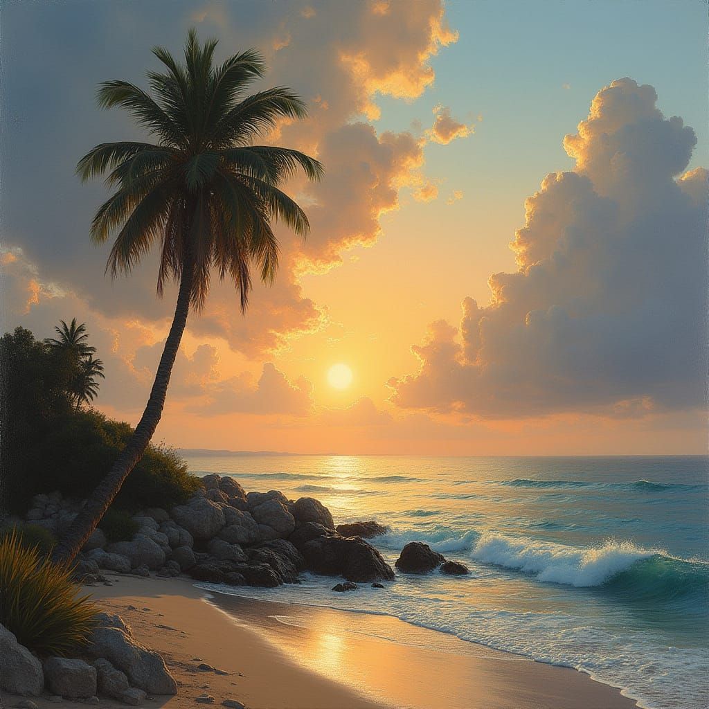 Serenic Sunset Coast with Elegant Palm and Twisted Tree