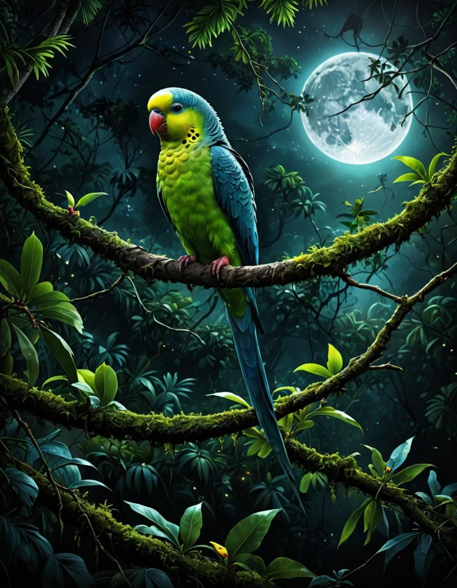 Parakeet in Rainforest: Fantasy Digital Art