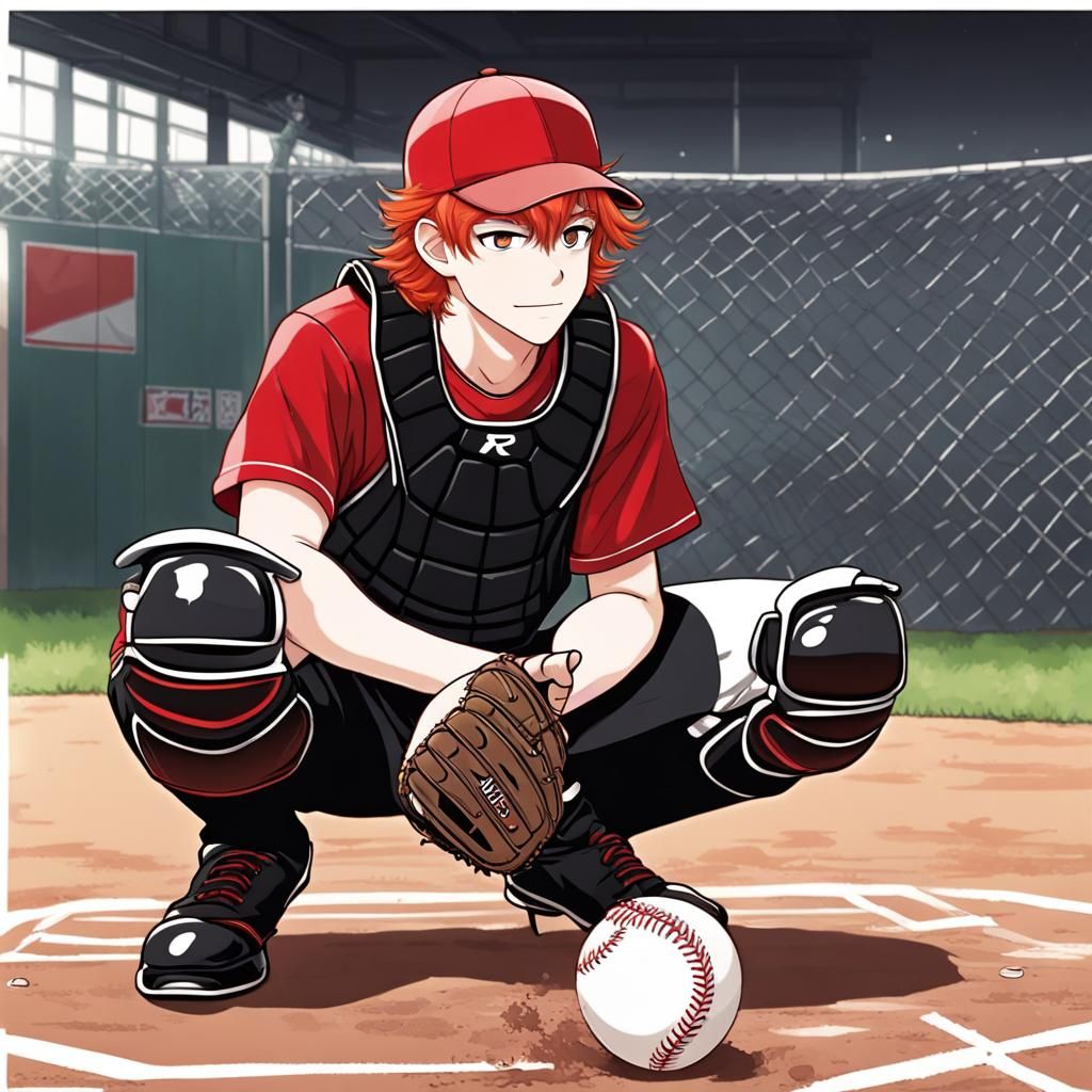 Red headed young man in black jersey and red pants and red b...