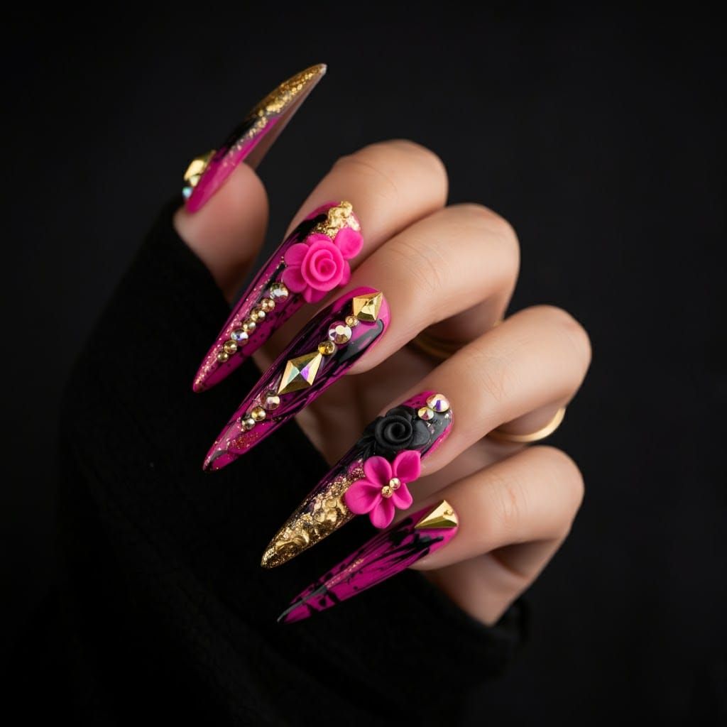 Ombre Stiletto Nails with 3D Floral Design