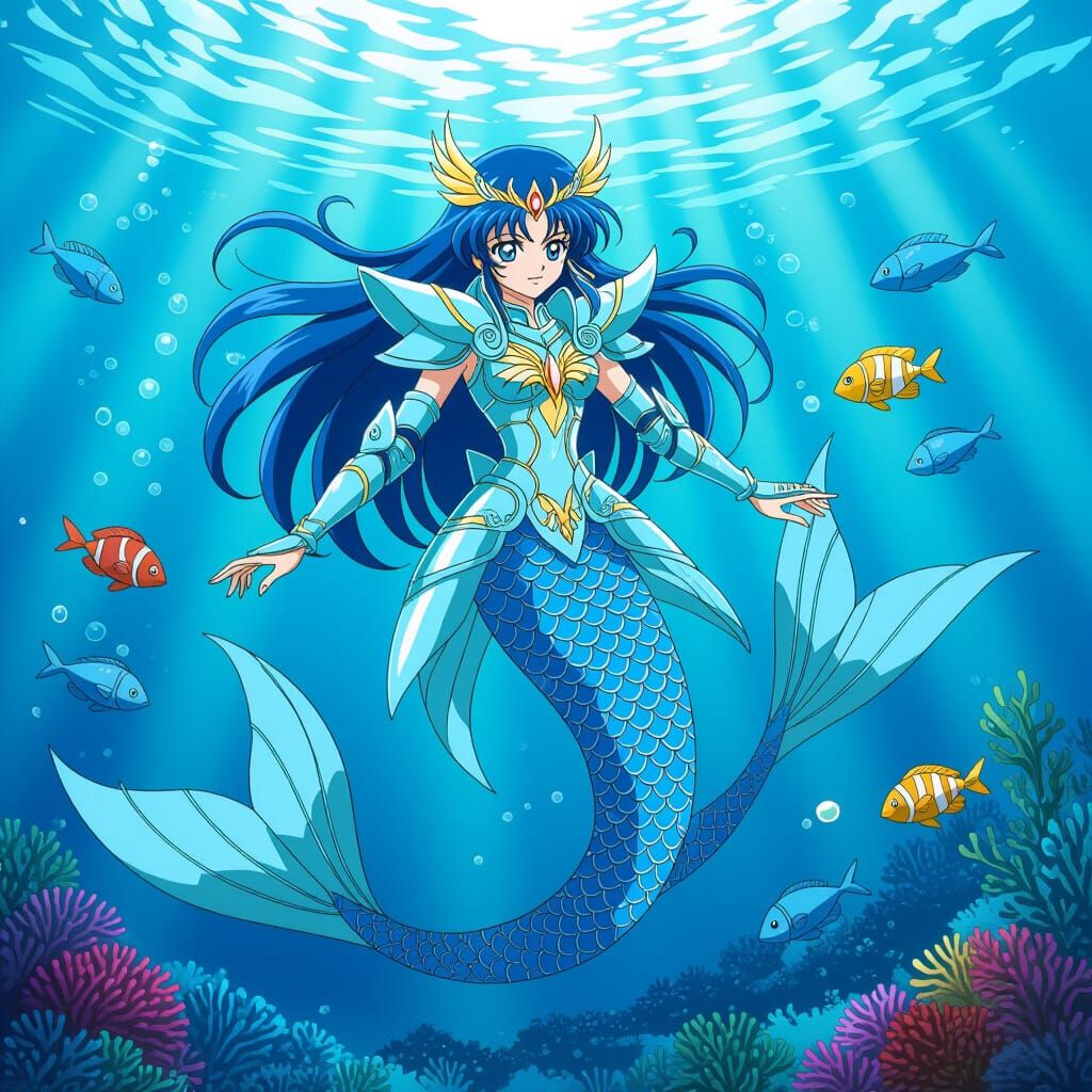 Mermaid Warrior with Indigo Tail, Ocean Swim