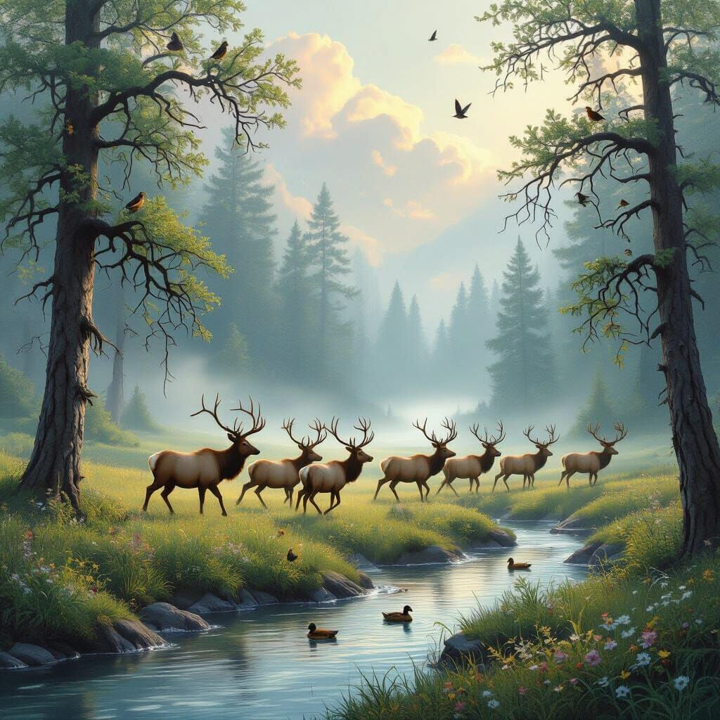 Ethereal Elk Herd in Misty Meadow, Fantasy Art