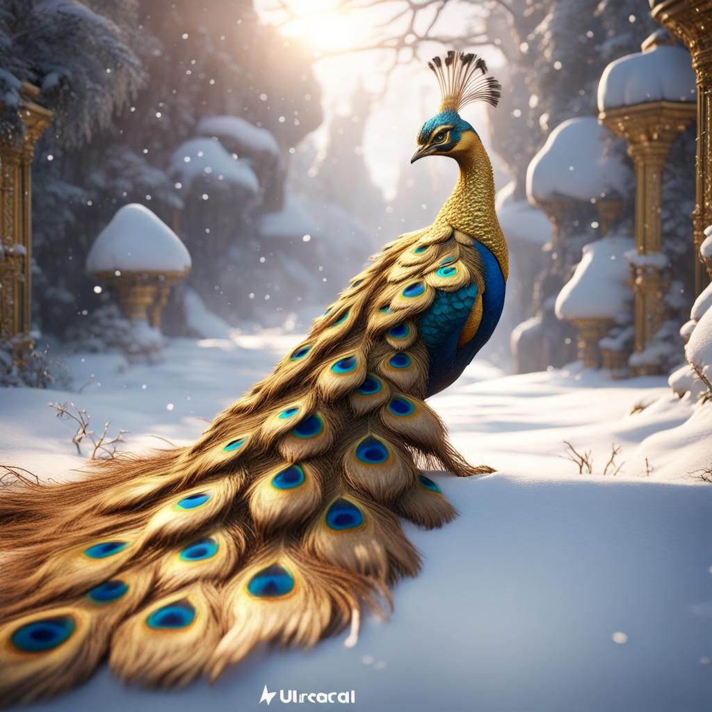 Golden Peacock in Snow: Detailed Fantasy Art