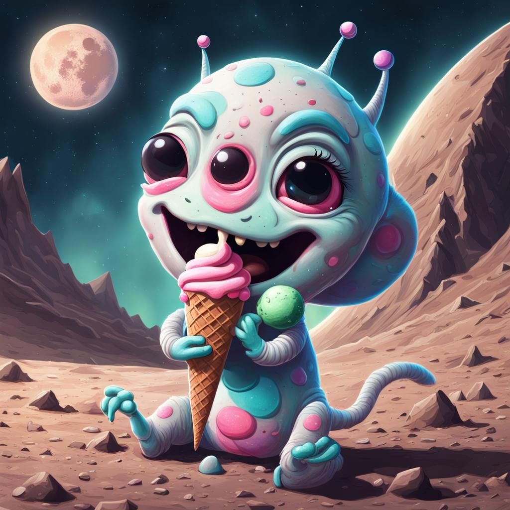 Cute Alien Licking Ice Cream on the Moon