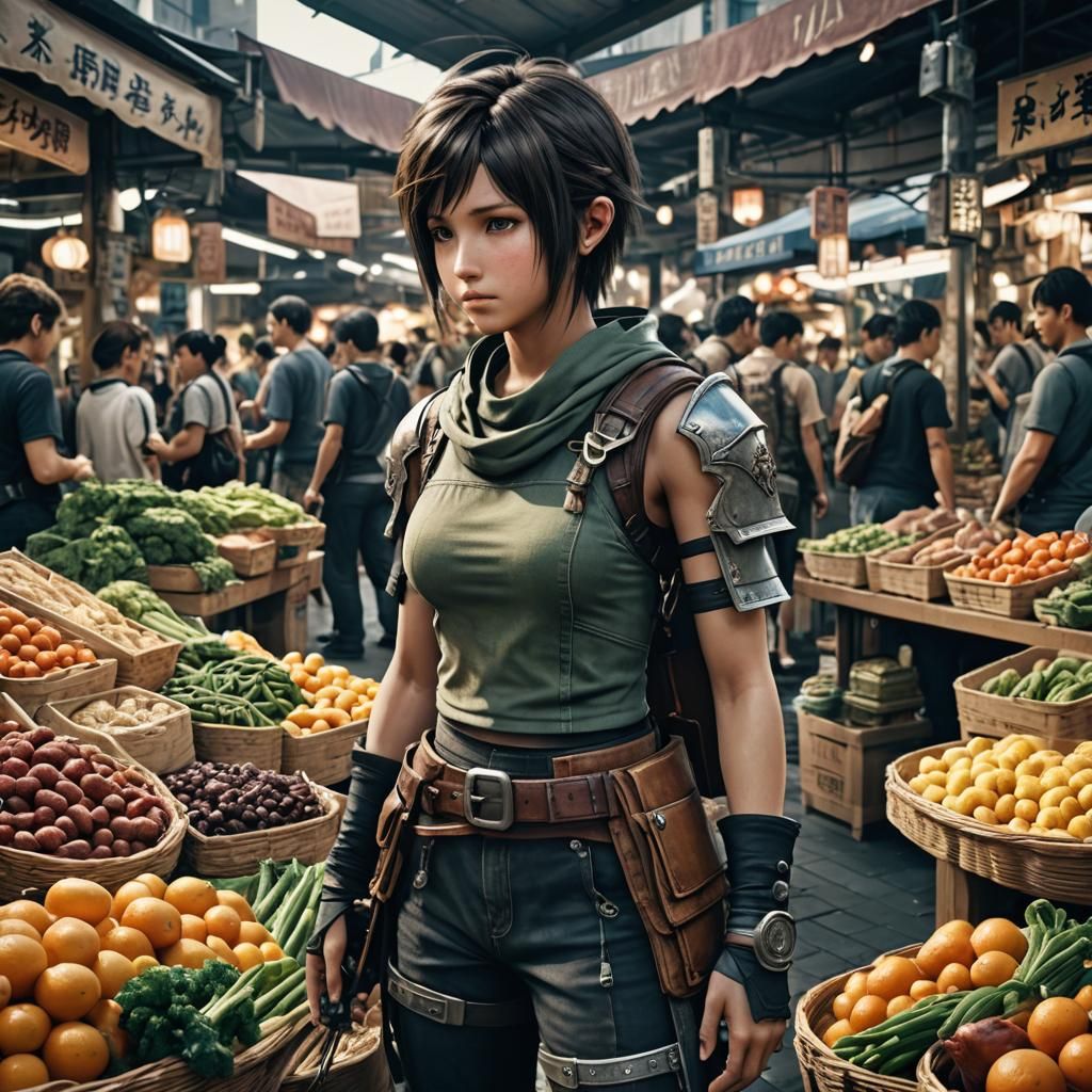 Yuffie at the Market in Hyperrealistic Style