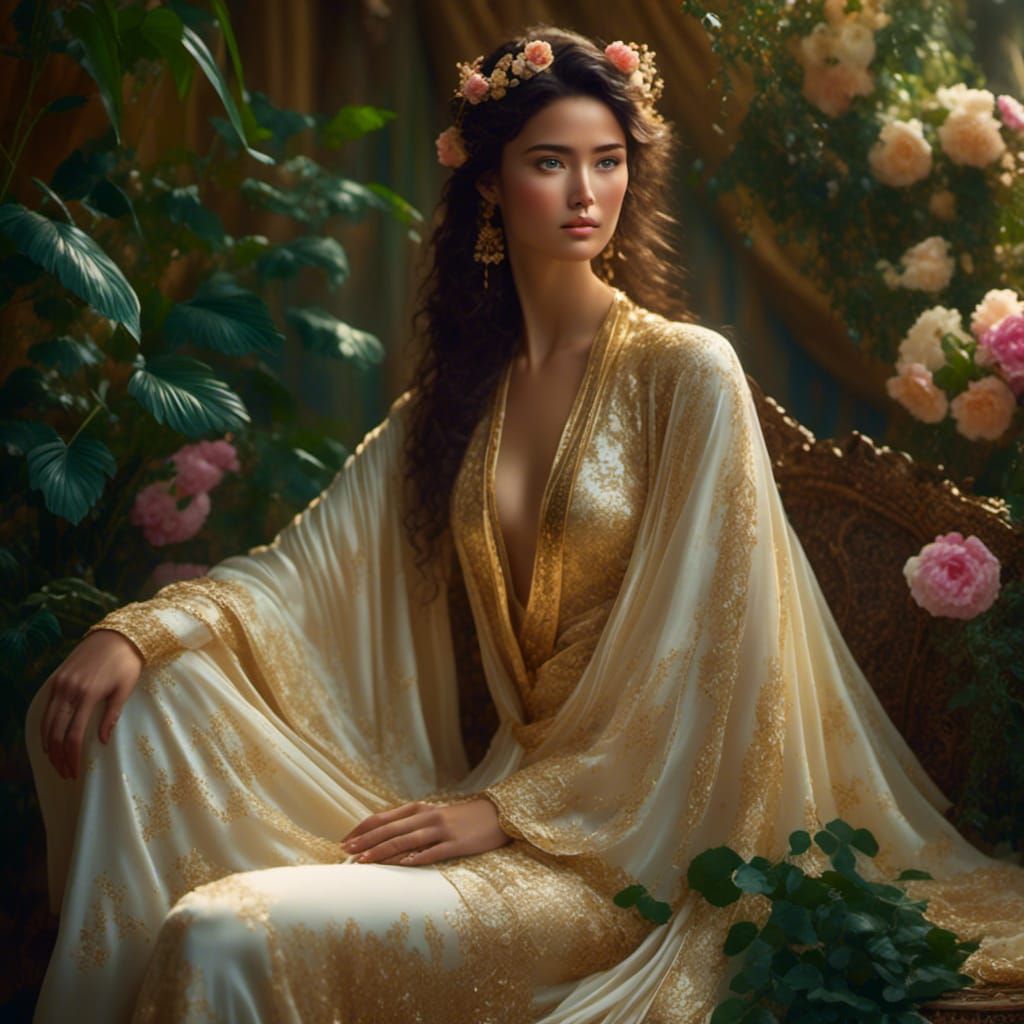 Contemplative Woman in Silk, Hyperrealistic Digital Art