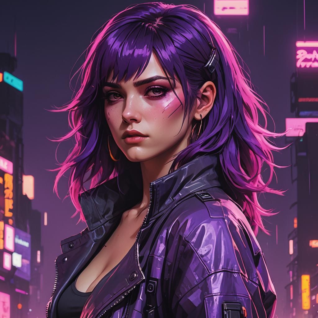 Cyberpunk Figure with Purple Hair in Neon Cityscape