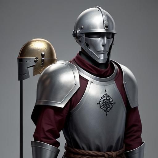 Medieval Man Contemplates Knight's Helmet