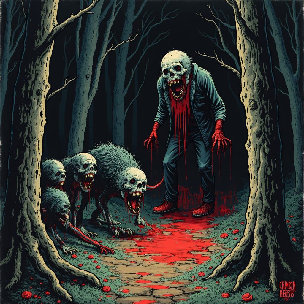 Crimson Abyss: Eerie Creatures in Mystical Forest