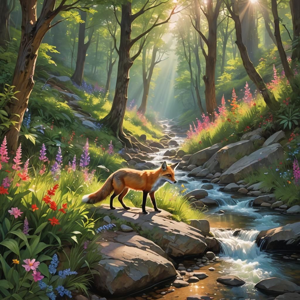 Sunlit Mountain Trail with Fox in Matte Painting