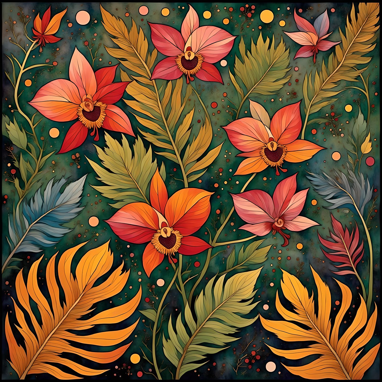 Surreal Tropical Oil Painting of Orchids and Leaves