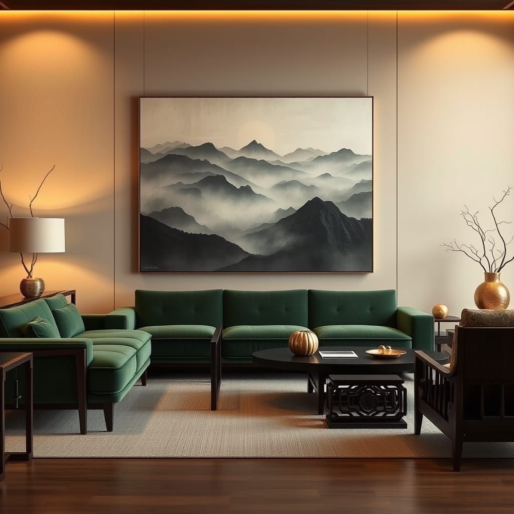 Elegant Modern Japanese-Inspired Living Room with Velvet Sof...