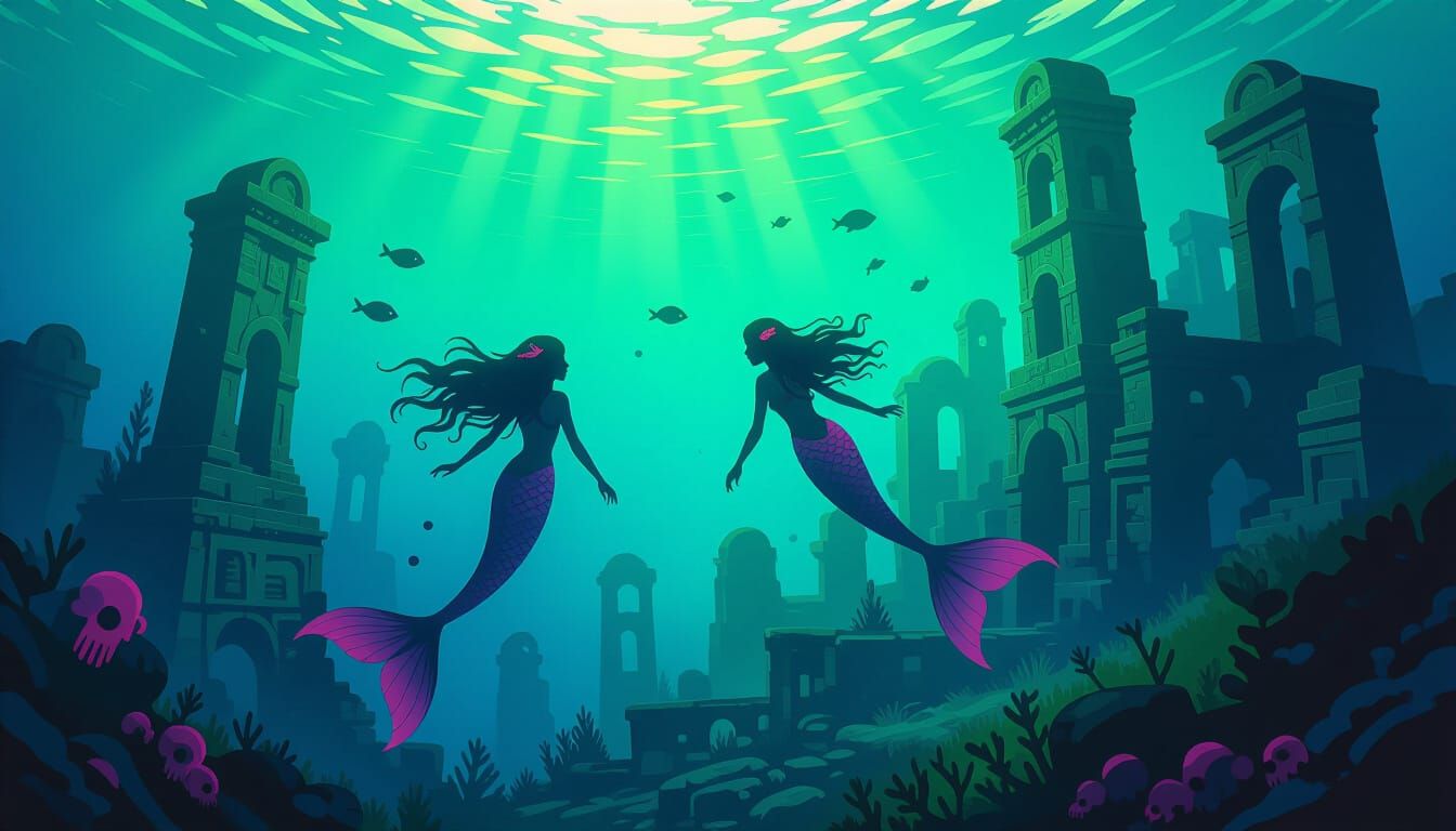 Mermaids in Neon Kelp Forest, Digital Painting
