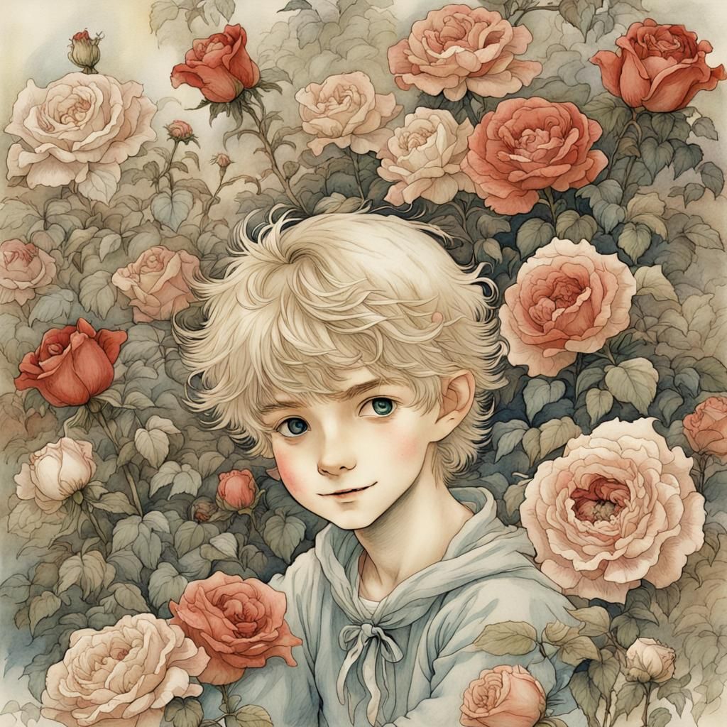 Cheerful Blond Boy Among Roses in Anime Style