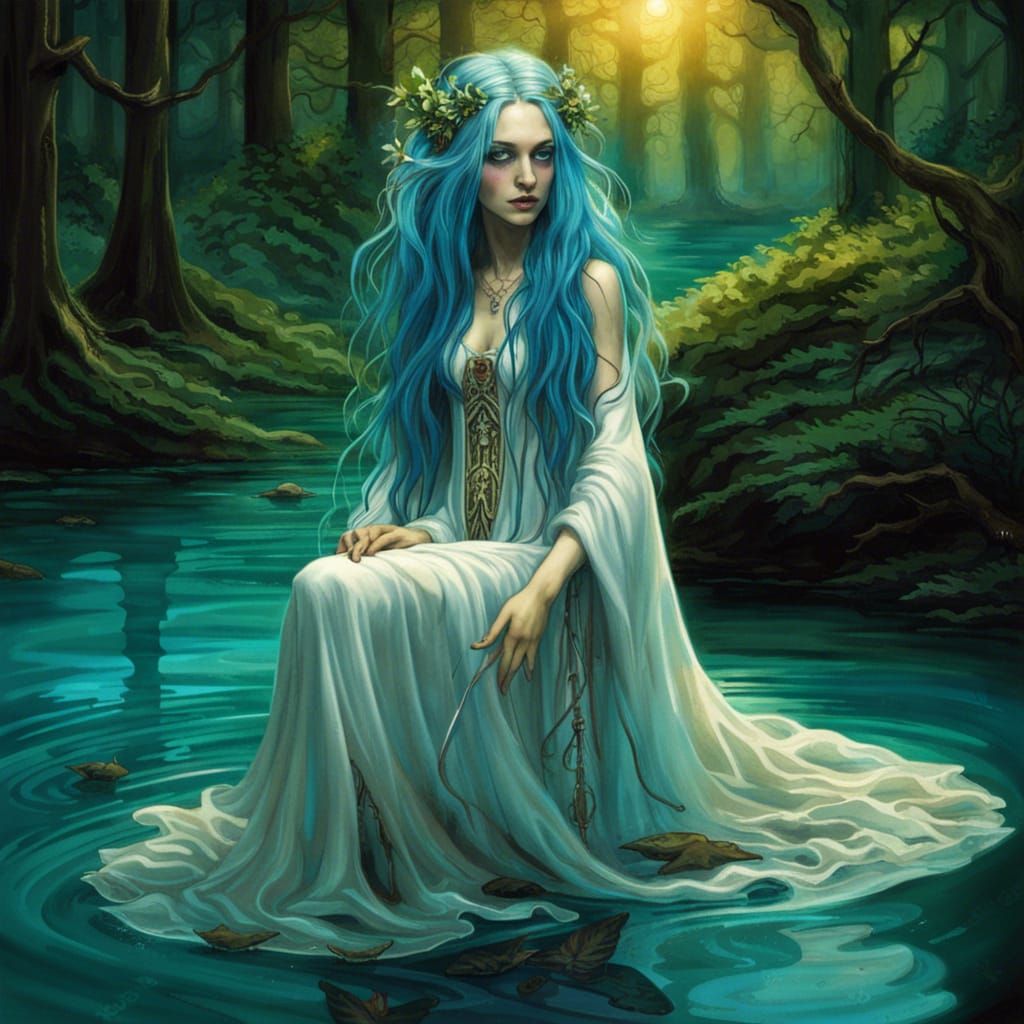 Gothic Nymph in Turquoise Lake, Tim Burton Style