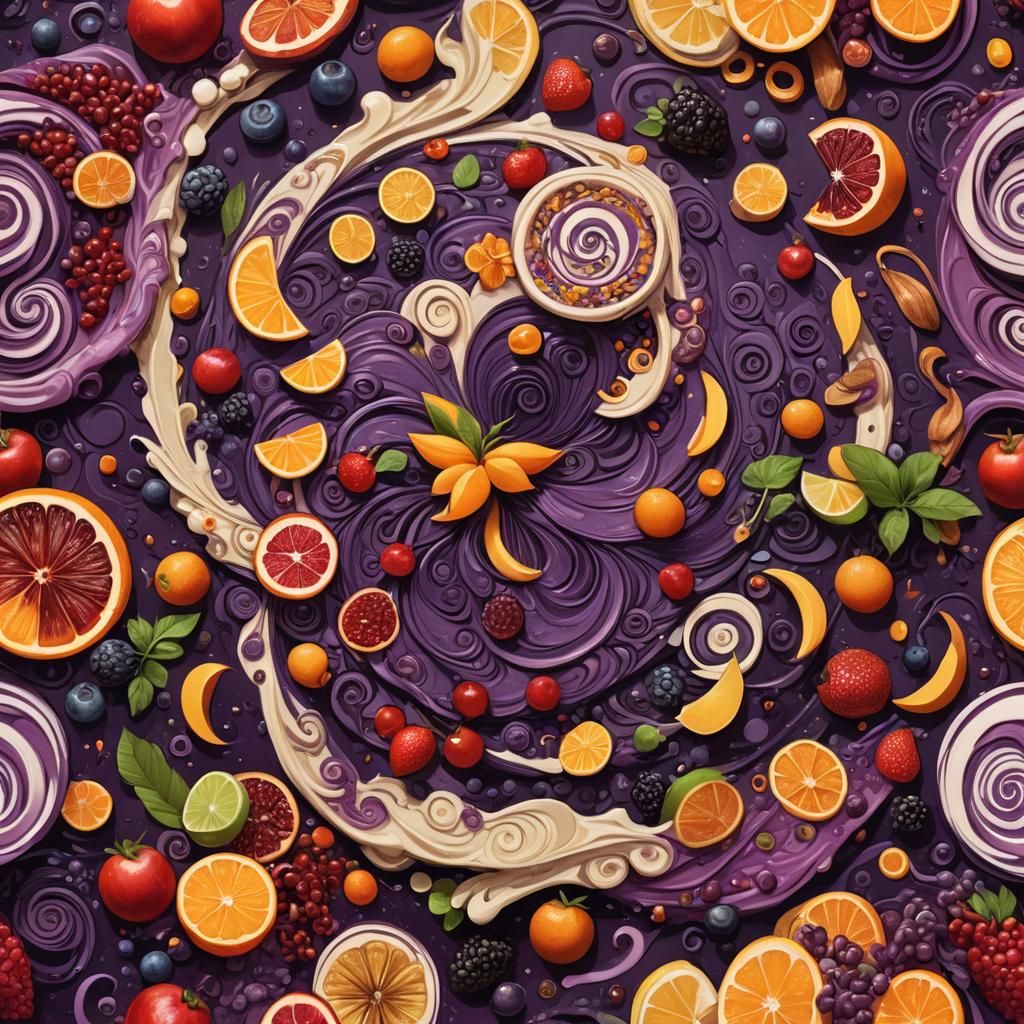 Exotic Ingredients Form Swirling Vortex in Surrealist Art