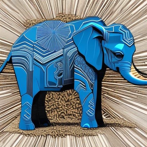 Exploded Cyberpunk Elephant Blueprint: Digital Illustration