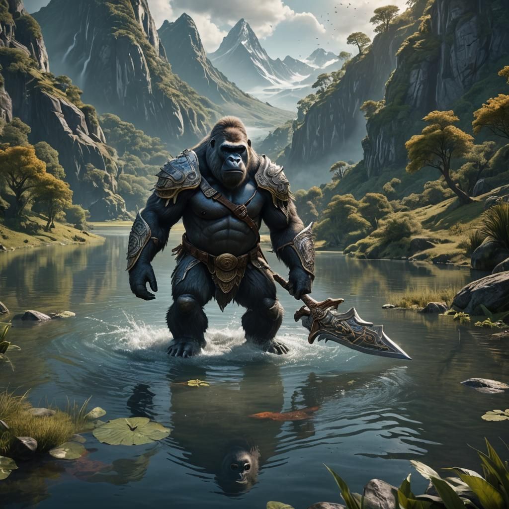 Armored Gorilla with Sword in Valley Lake