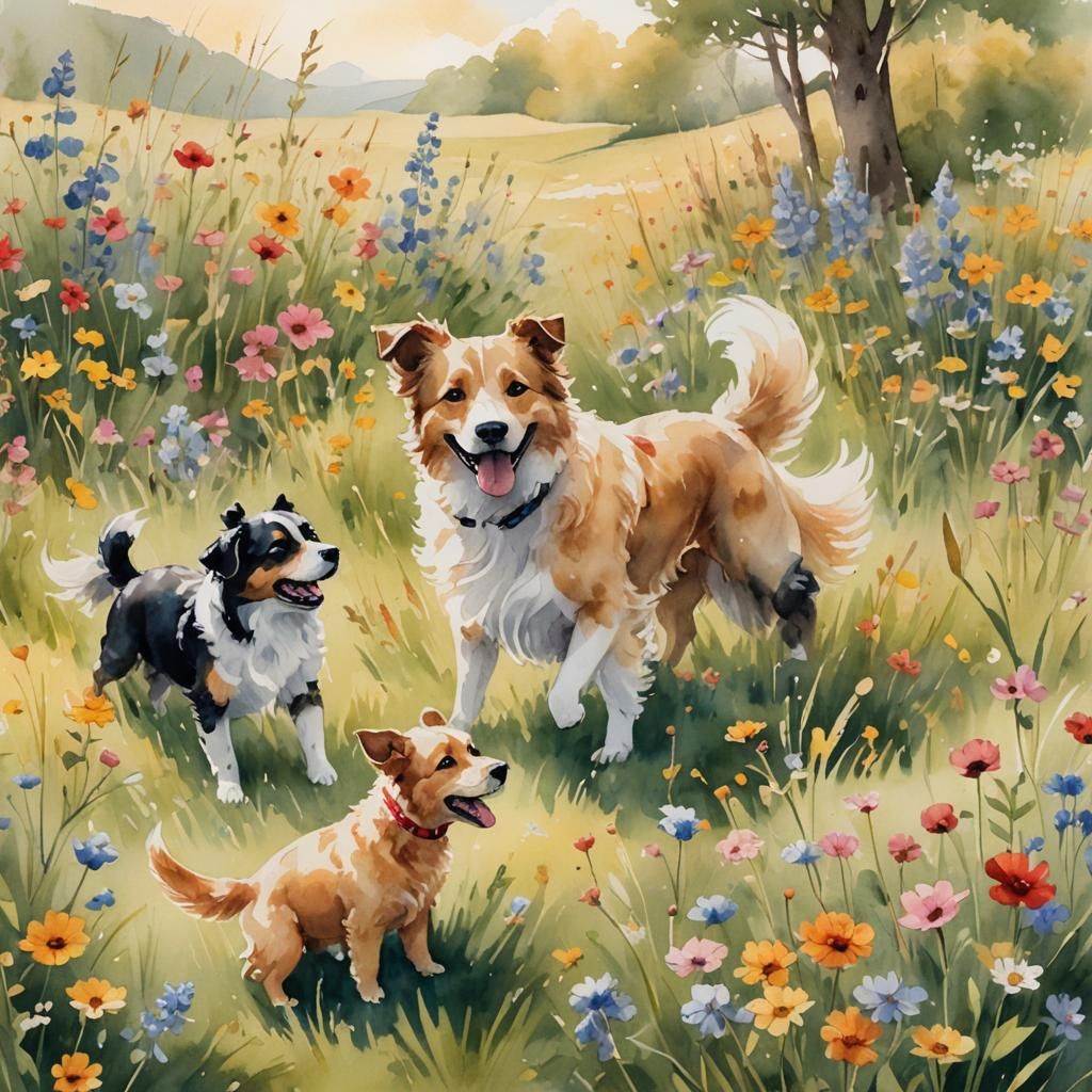 Dog Family in Sunny Meadow, Watercolor Illustration
