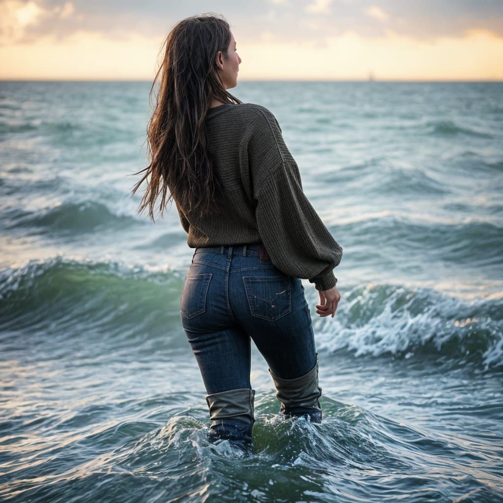 Woman Wades in Surf on Rainy Fall Afternoon