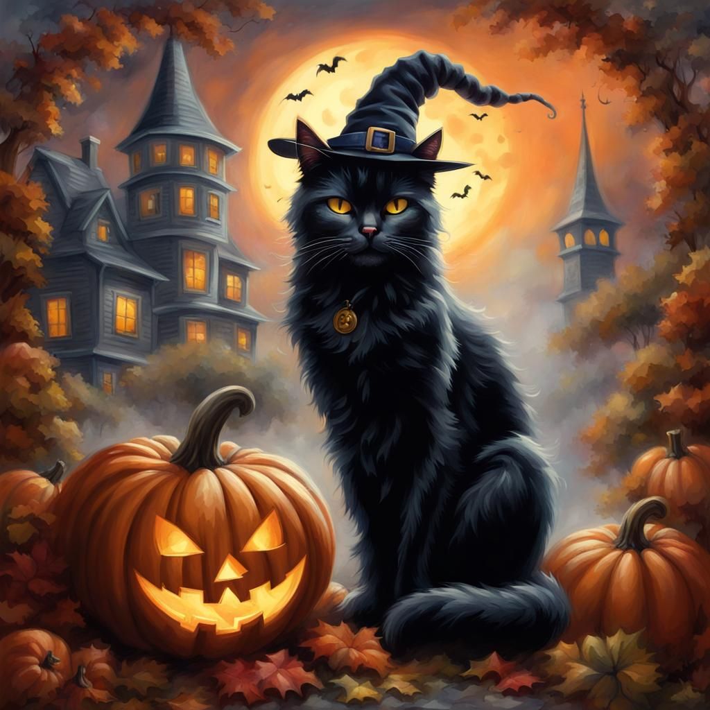 Halloween Witch Illustration with Black Cat and Pumpkins