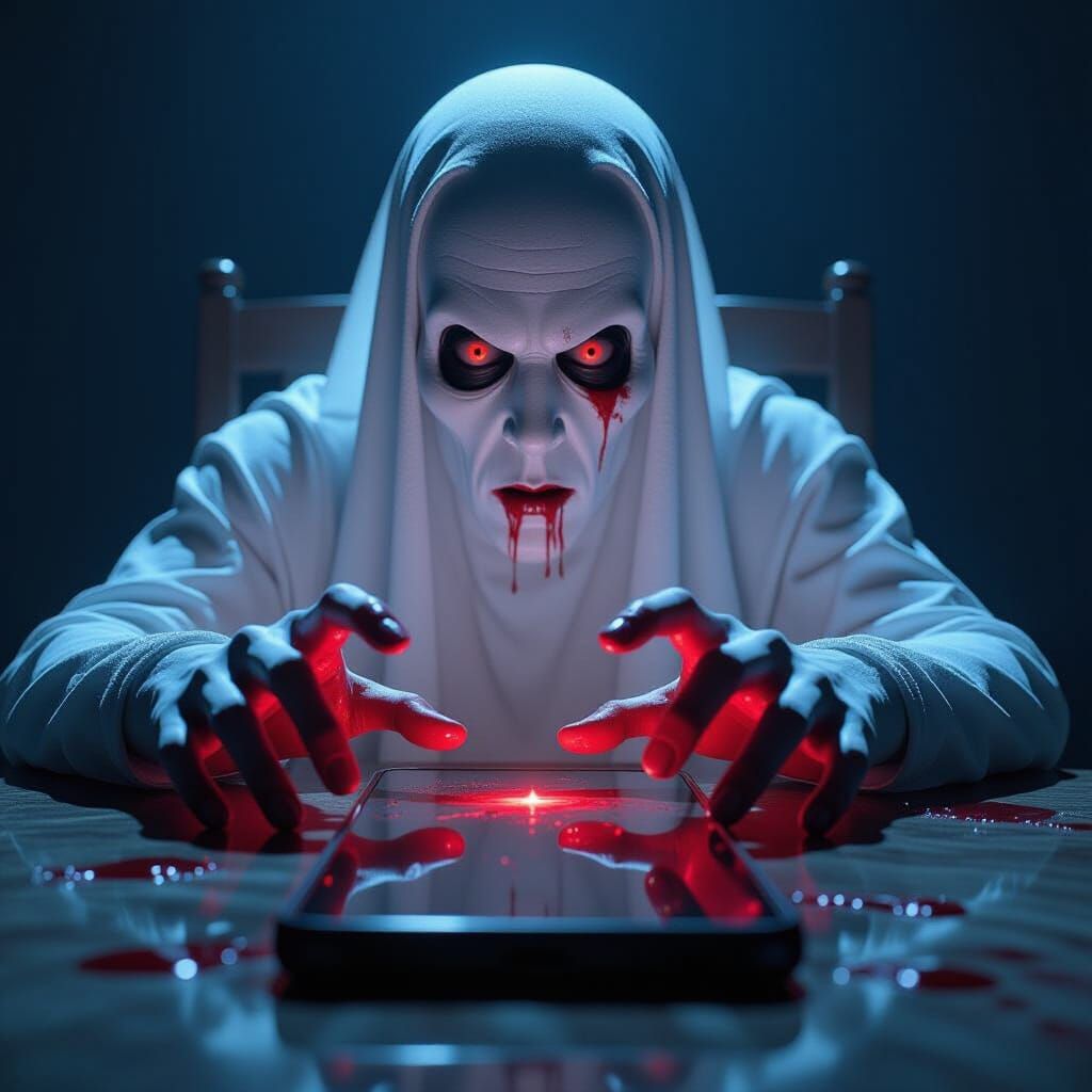 Ghostly Face Reflected on Smartphone Screen in Dark Horror S...