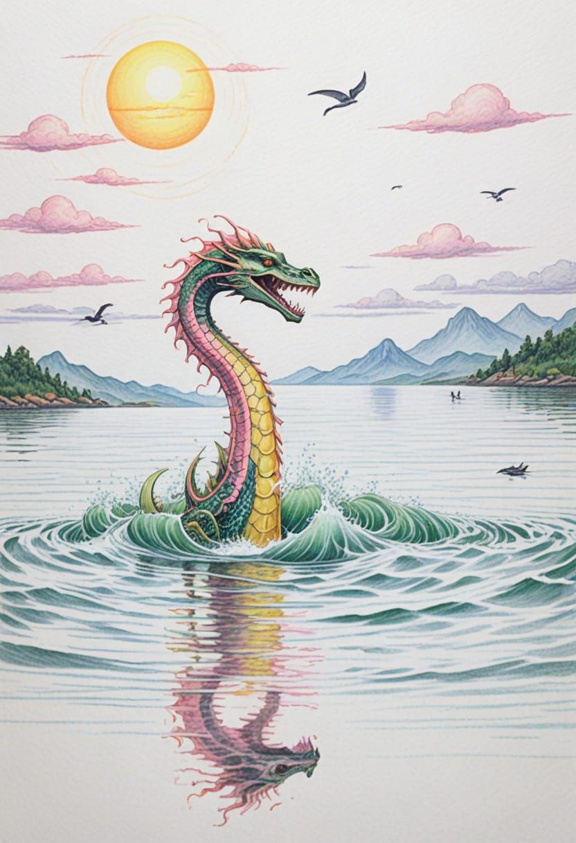 Colorful Sea Serpent Chasing Metallic Sphere