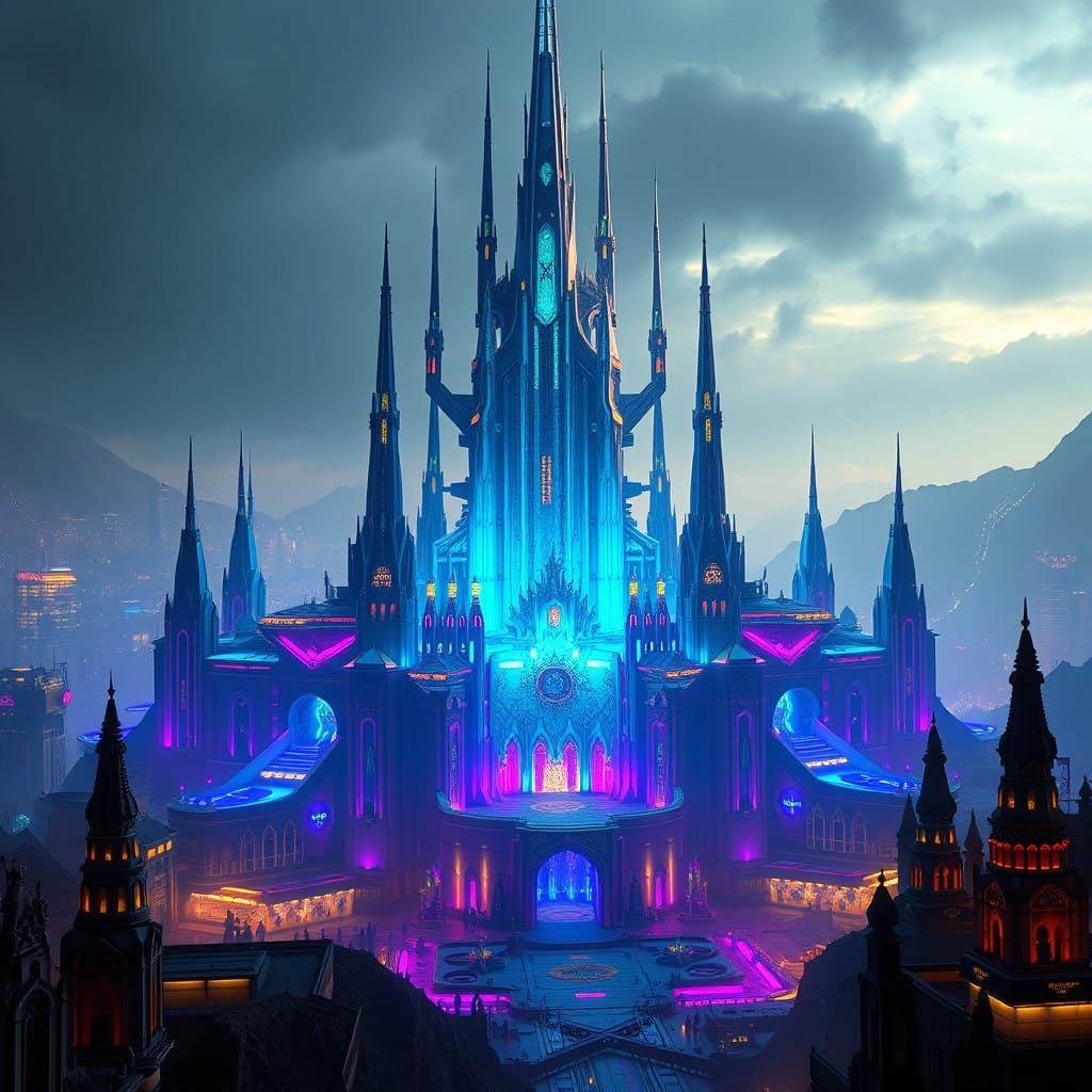 Futuristic Cyber Fortress in a Dystopian Cityscape