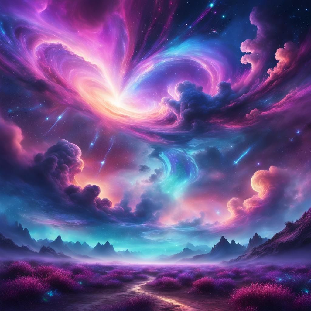 Iridescent Nebula in a Synthwave Cosmic Landscape