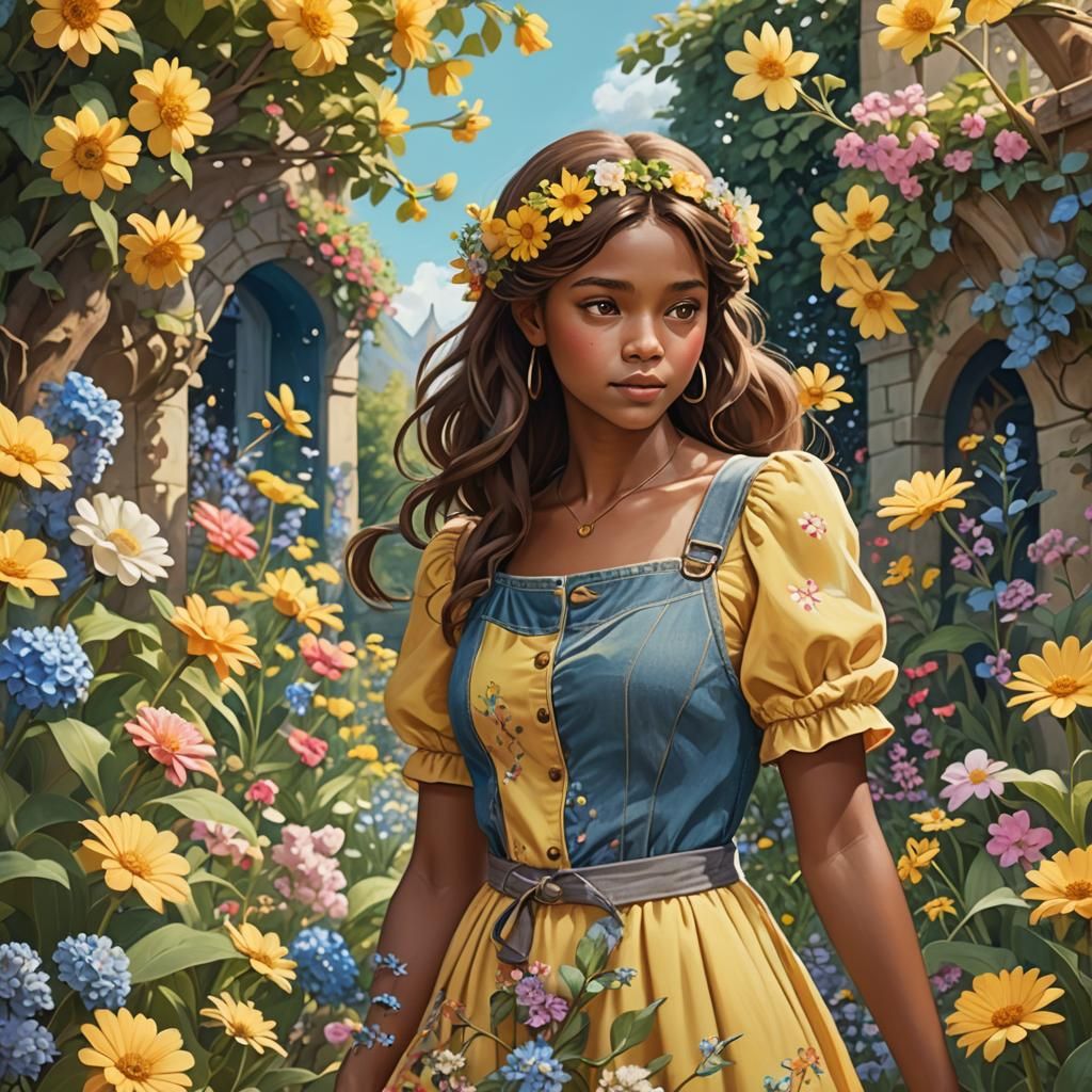 Girl Picking Flowers in a Whimsical Garden