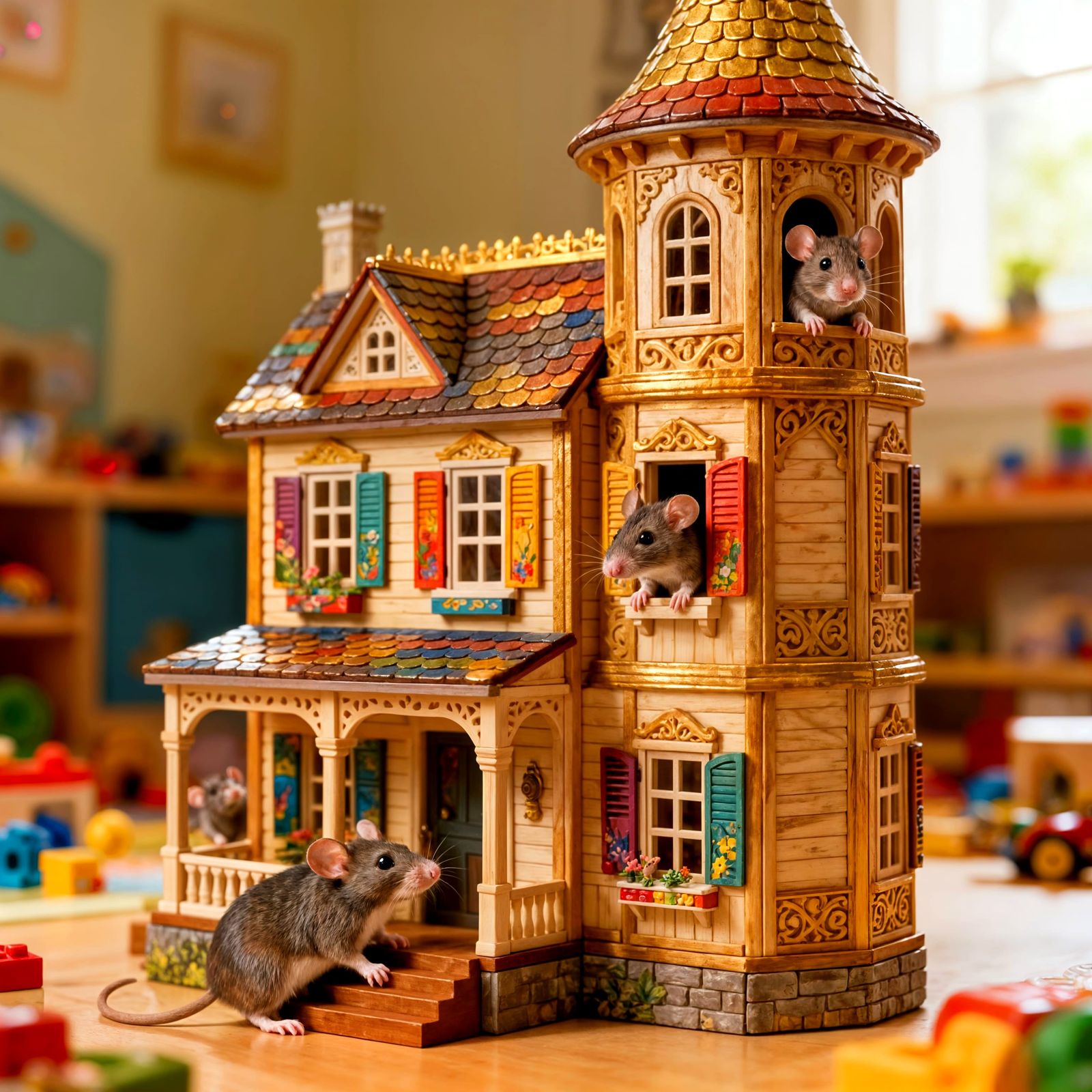 Victorian Dollhouse with Mice in Playroom