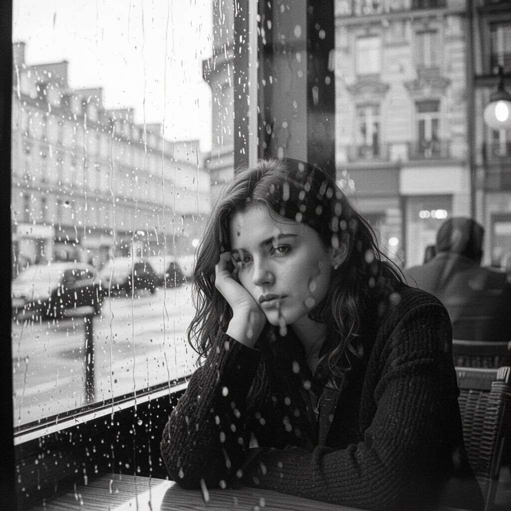 Woman in Cafe Reflected in Rainy Window