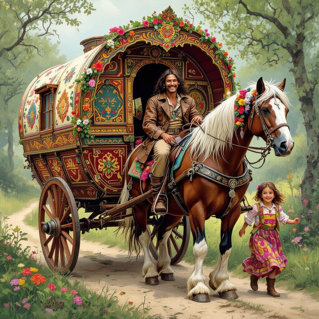 Ornate Gypsy Caravan Pulled by Majestic Horse