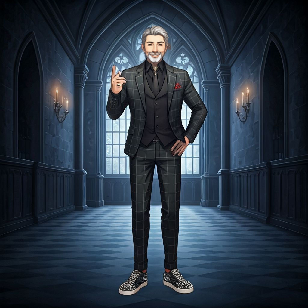 Gothic Man in Plaid Suit Poses in Castle