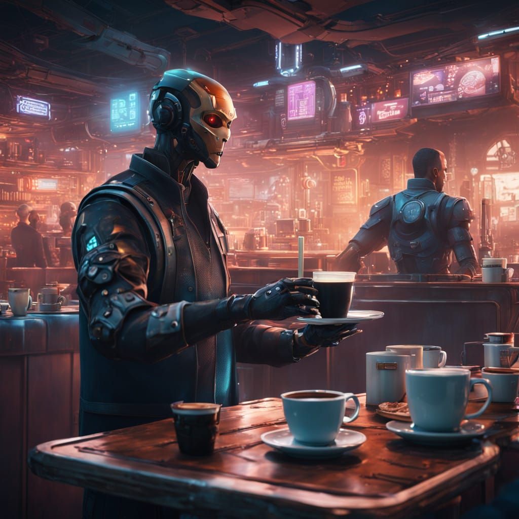 Android Waiter Serves Coffee in a Futuristic Cyberpunk Cafe
