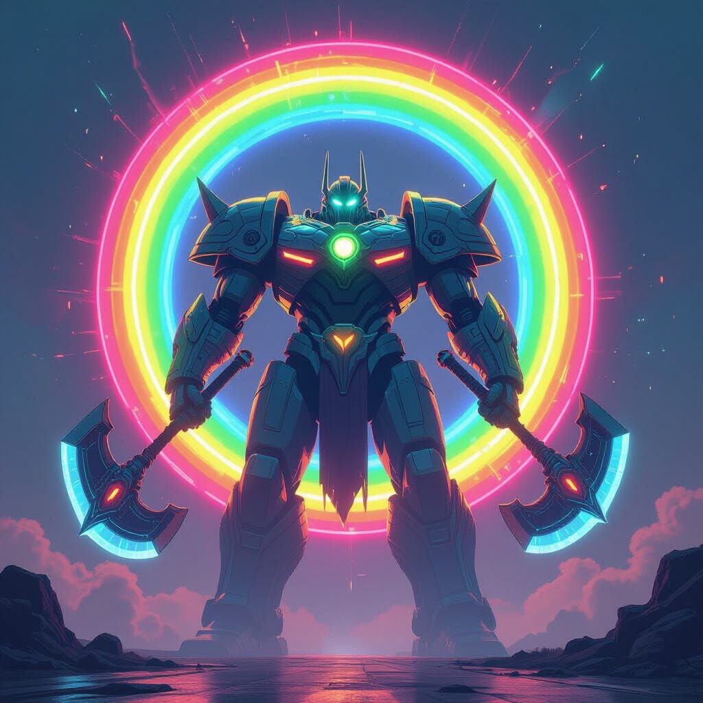 Giant Neon Rainbow Titan with Shield and Axes