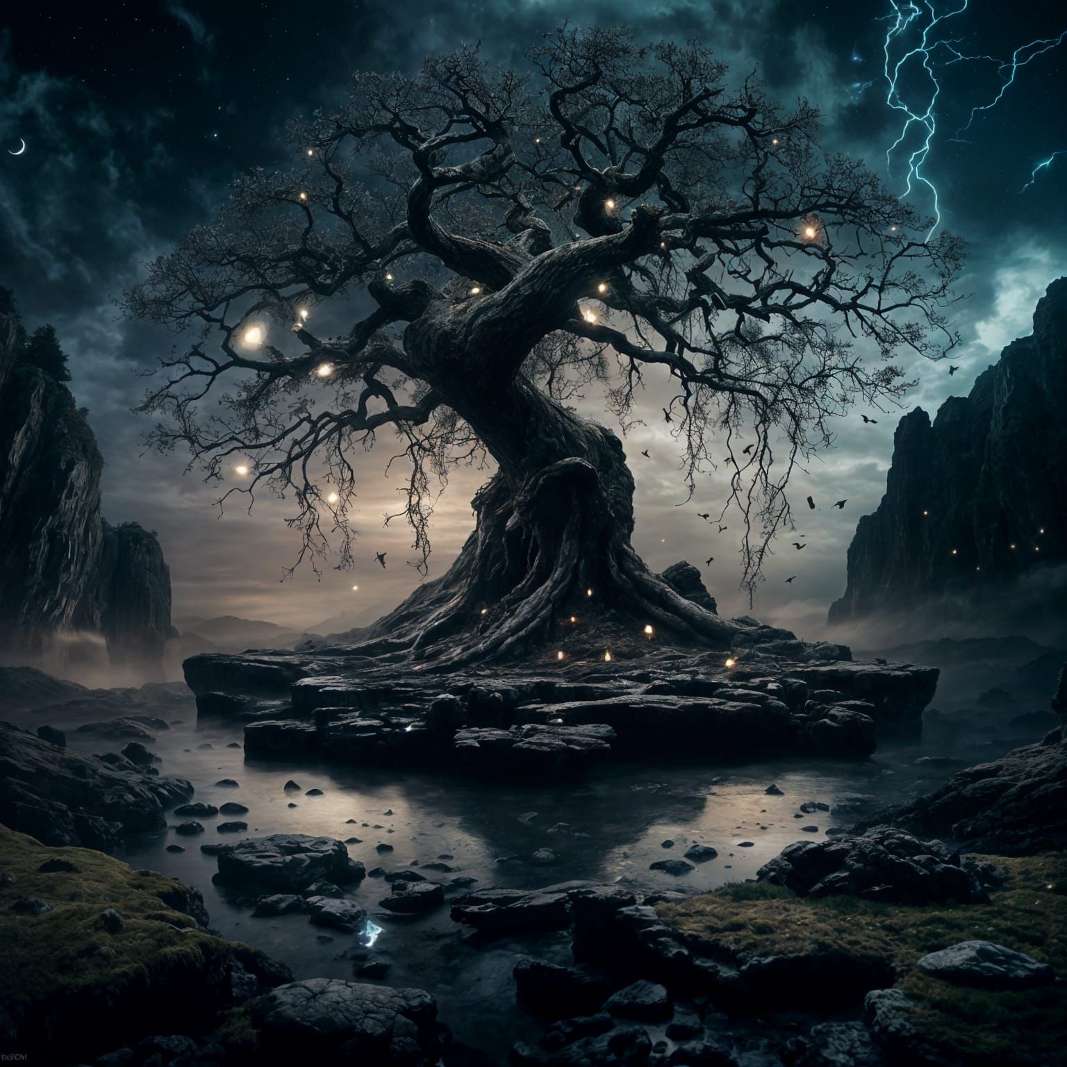 Gnarly Tree with Glowing Runes in Stone Chasm