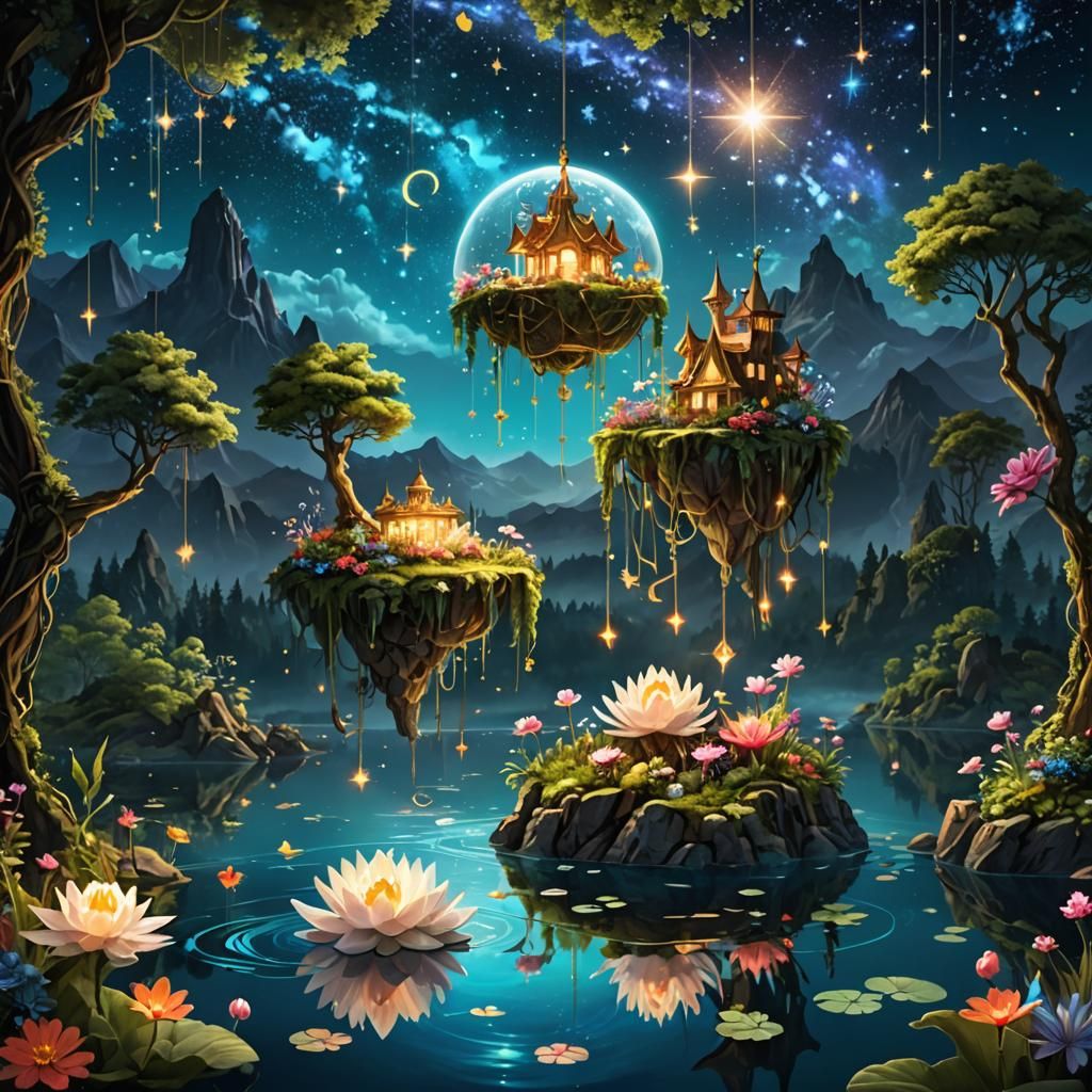 Mystical Floating Island Over Bioluminescent Lake