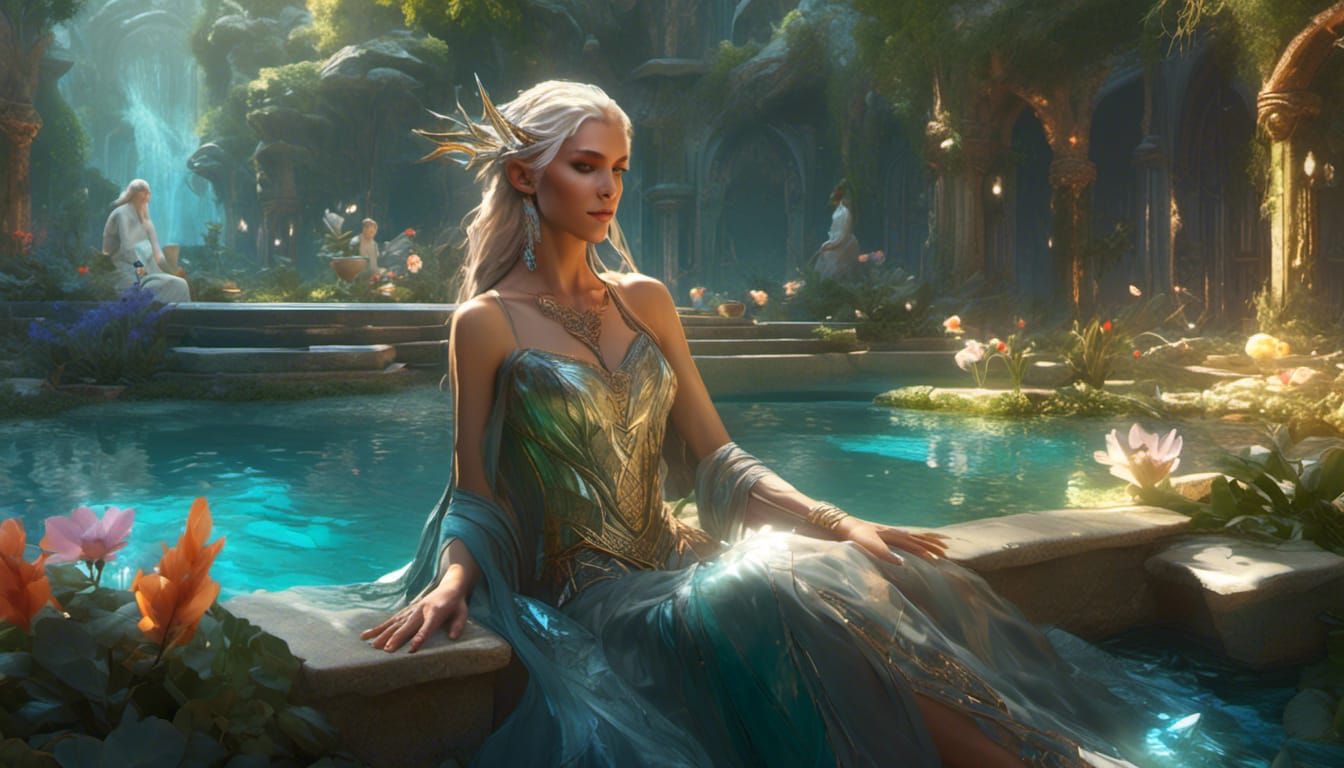 Elegant Elven Sorceress Relaxing by Magic Pool