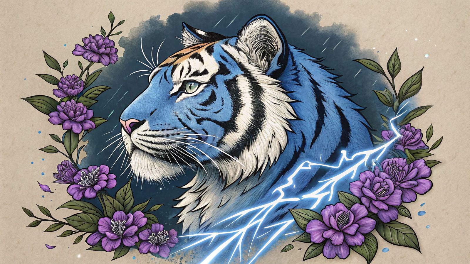 Bold Royal Blue Tiger Tattoo in Sailor Jerry Style with Neon...