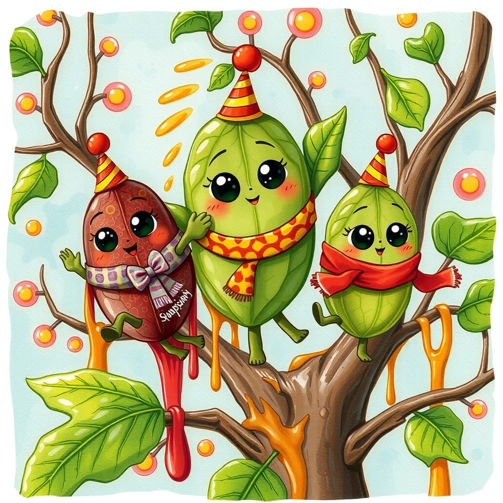 Whimsical Leaves Dance on Colorful Sauce Tree in Playful Aya...