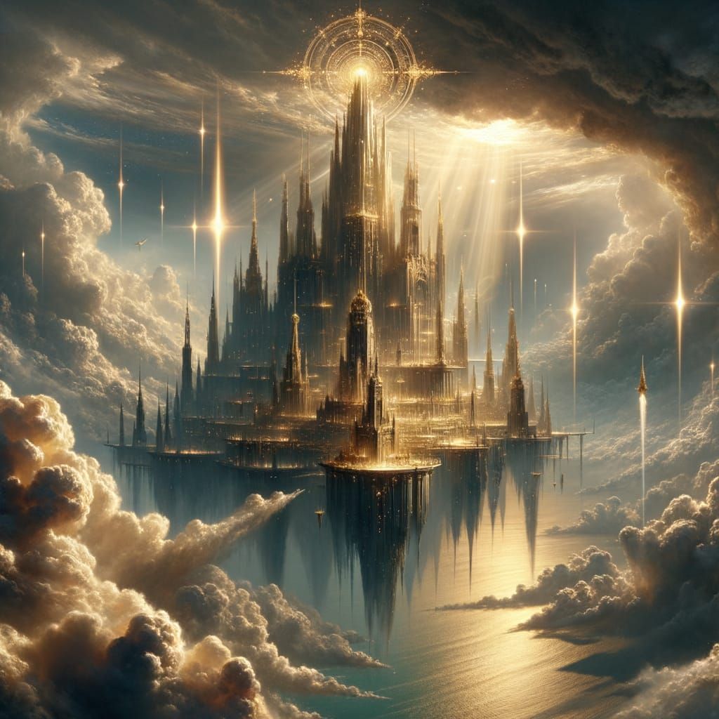 Epic Golden Celestial City Above Stormy Clouds
