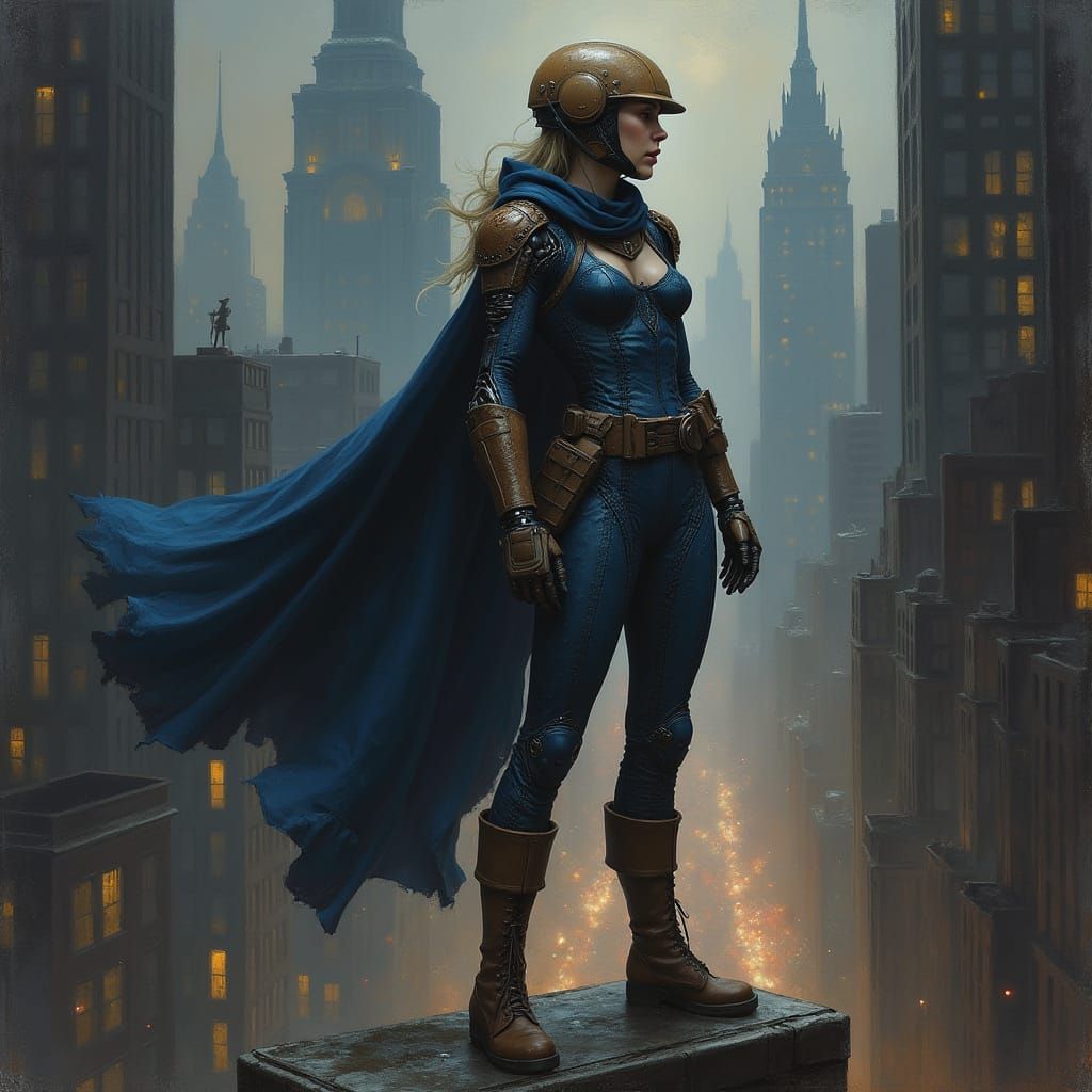 Dramatic Superheroine Overlooks Metropolis in Baroque Style