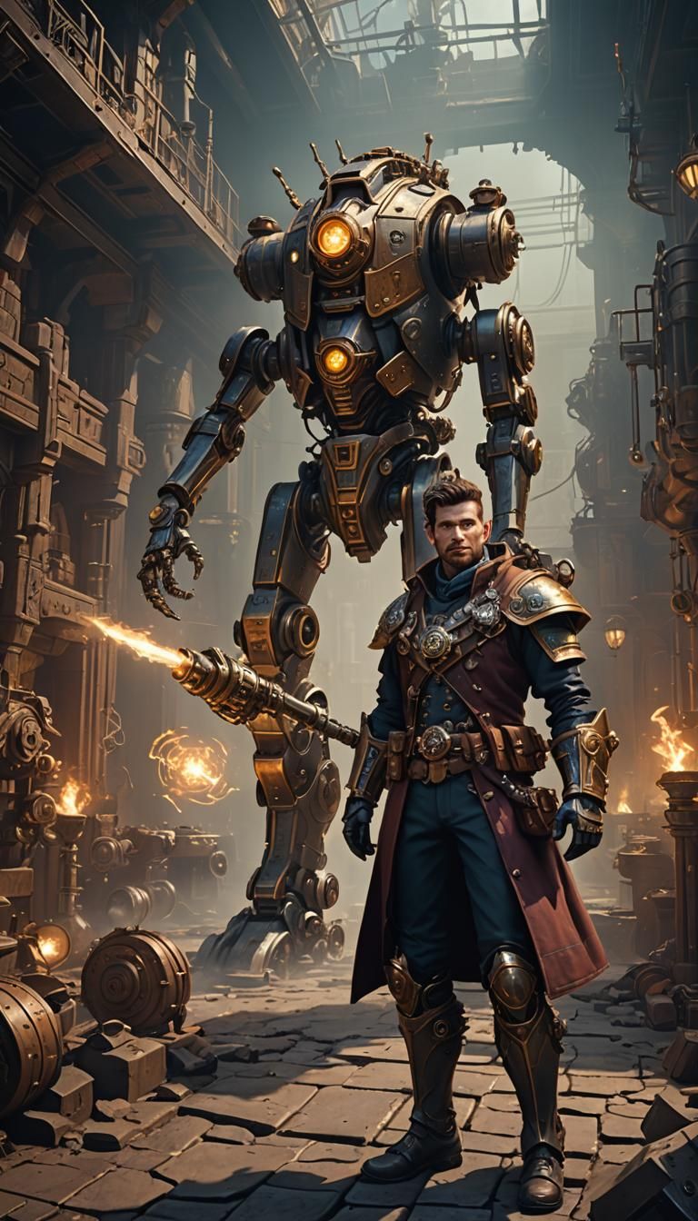 Steampunk Artificer and Robot in Detailed Matte Painting