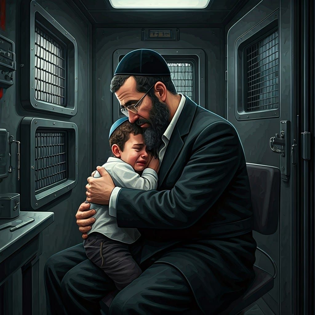 Father Comforts Child in Futuristic Security Room