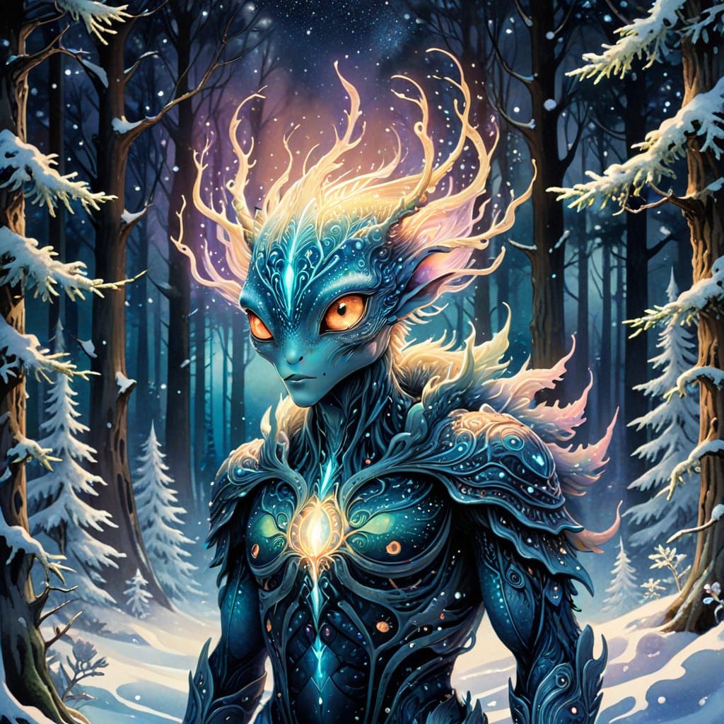 Glowing Alien in Art Nouveau Attire, Set Against Vibrant Ast...