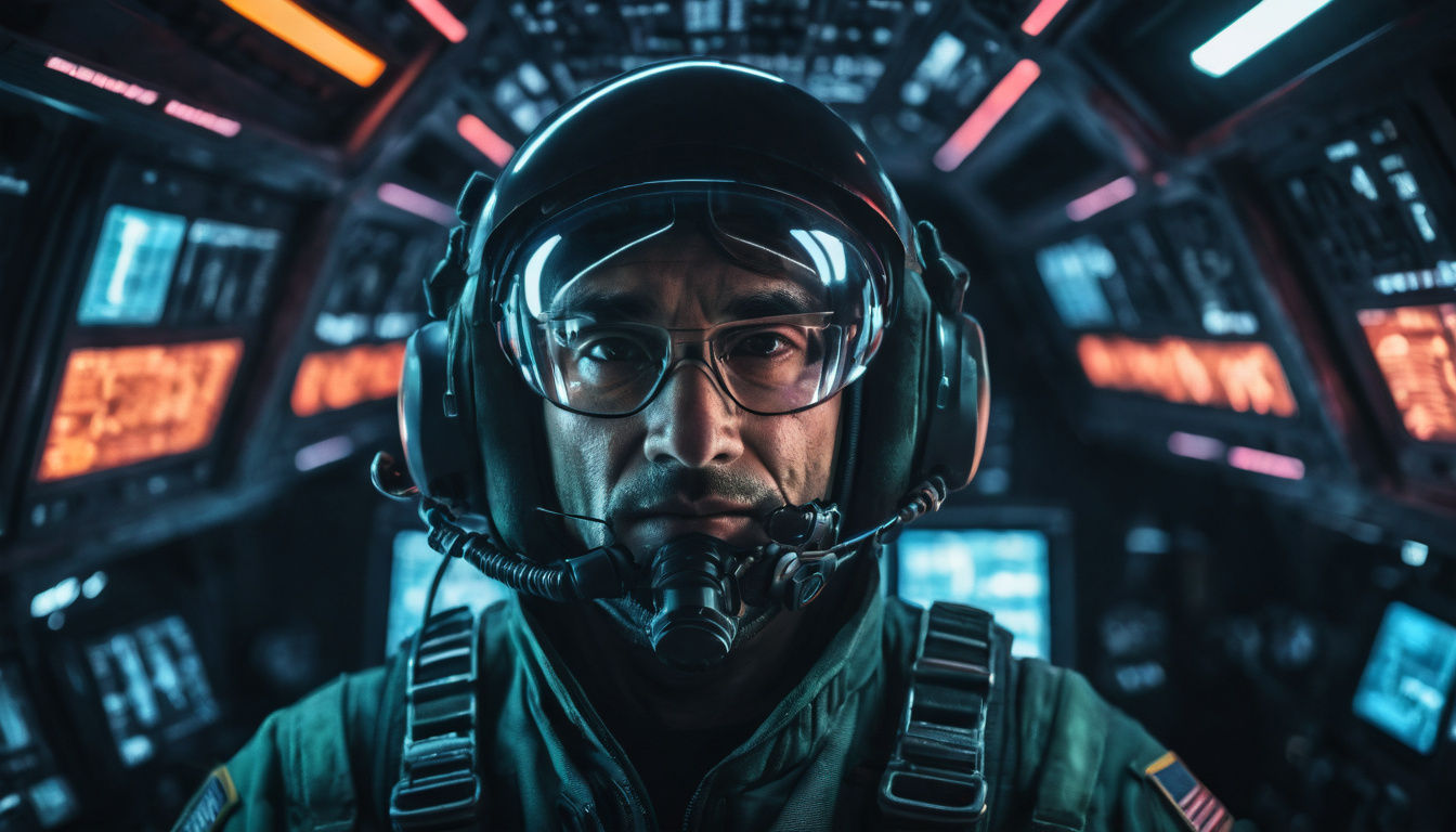 Pilot in Spaceship Cockpit with Neon Lighting