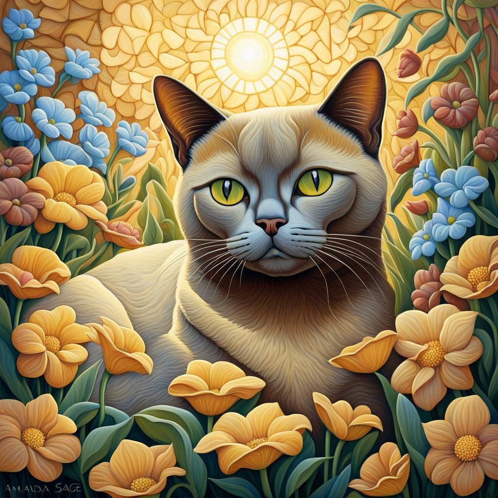 Burmese Cat in Floral Oasis